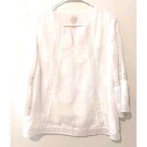 Chico's Size 1 White Textured Polka Dot Tunic Blouse Crochet Lace Bell Sleeves